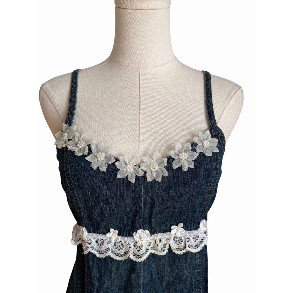 RARE Old Navy Embellished Denim Dress Size 10 Reworked White Floral‎ Lace Trim - Picture 2 of 11